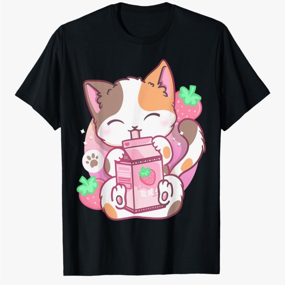 Kawaii Cat with Strawberry Milk Graphic T-Shirt - Black